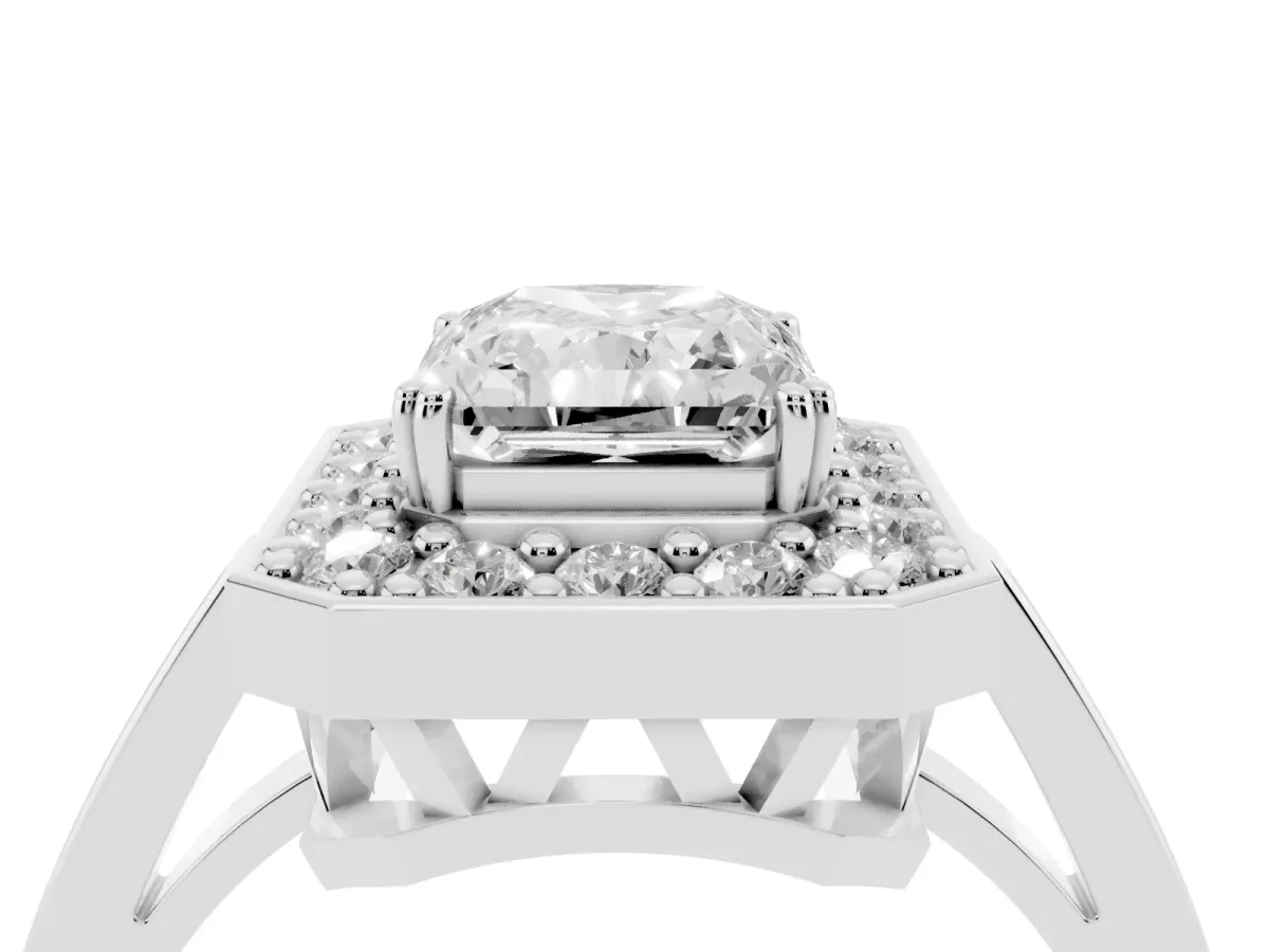 Radiant Cut Diamond Halo Ring with Split Shank and Four-Prong Setting Silver