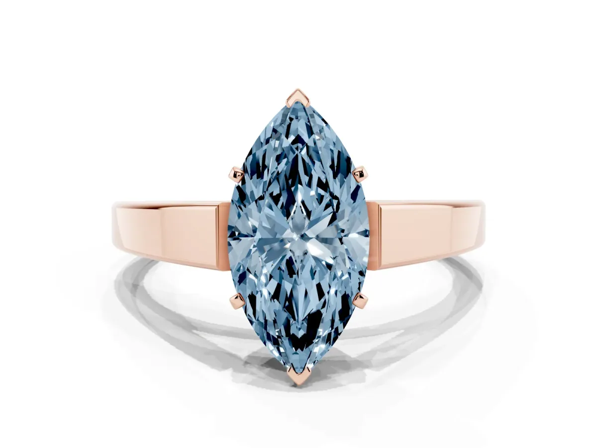 Fancy Blue Marquise Cut Solitaire Engagement Ring with Four-Prong Setting and Tapered Band Rose gold