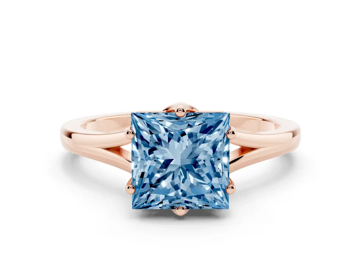 Fancy Blue Princess Cut Solitaire Diamond Ring with Six-Prong Setting and Tapered Band Rose gold