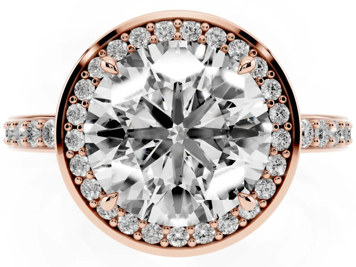 Round Cut Halo Pave Band Solitaire Ring with Prong Setting Rose gold