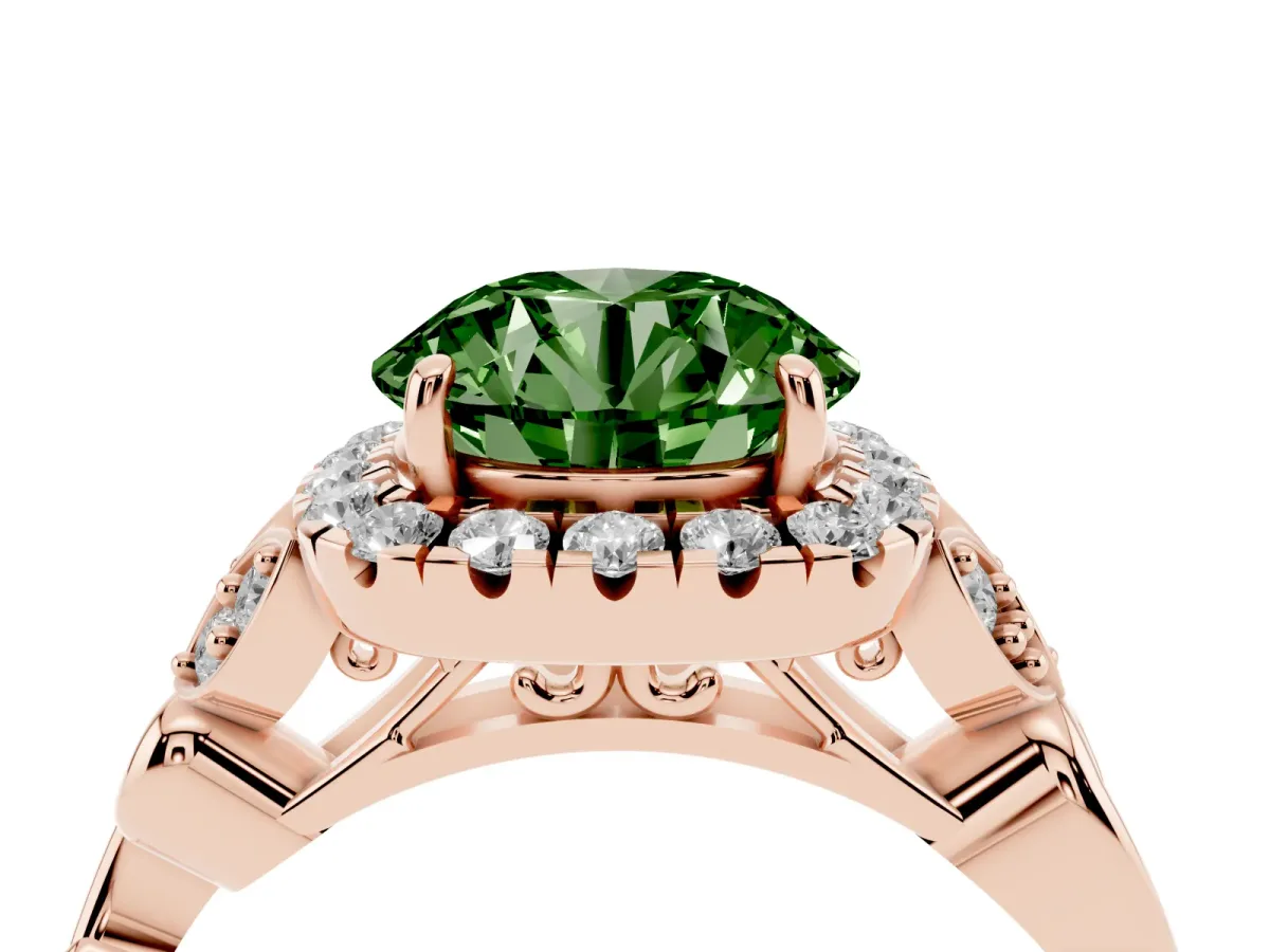 Fancy Green Round Cut Halo Diamond Engagement Ring with Vintage-Inspired Band and Four-Prong Setting Rose gold
