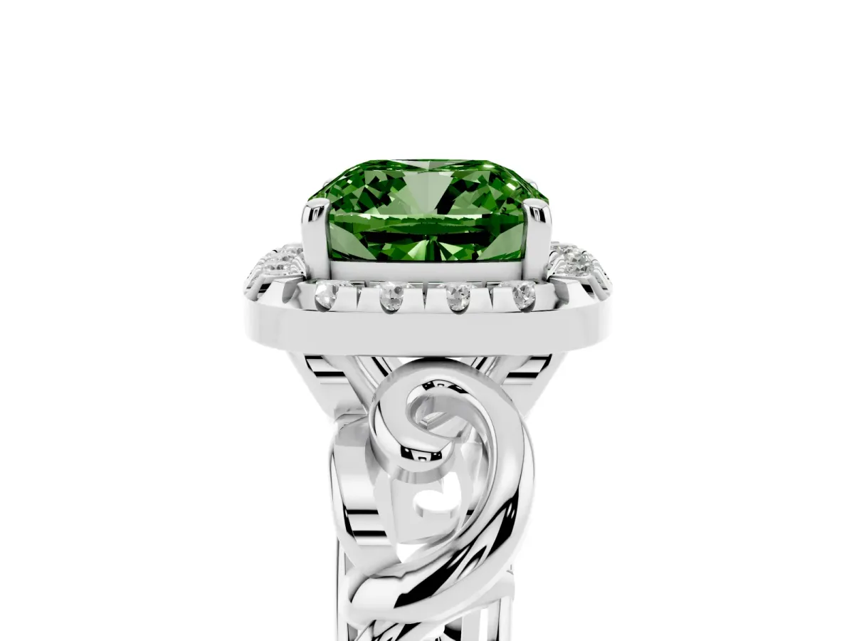 Fancy Green Cushion Cut Cut Halo Diamond Ring with Scrollwork Band and Four-Prong Setting Silver