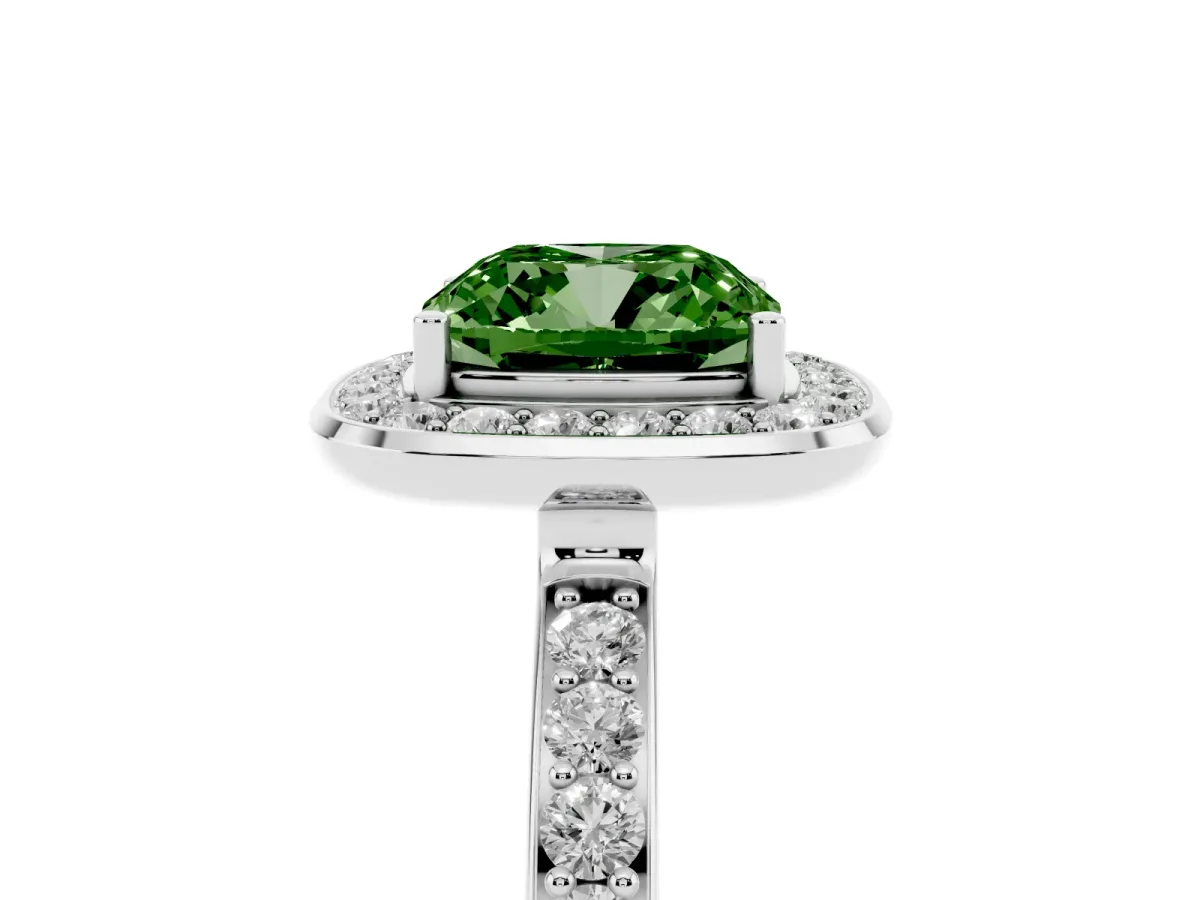 Fancy Green Cushion Cut Diamond Halo Ring with Bezel Frame and Pavé Band Silver