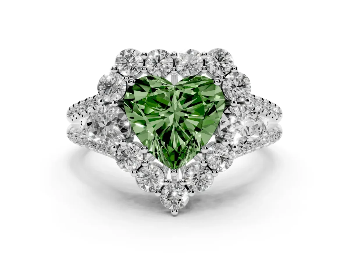 Fancy Green Heart Cut Halo Split Shank Diamond Engagement Ring with Prong Setting Silver