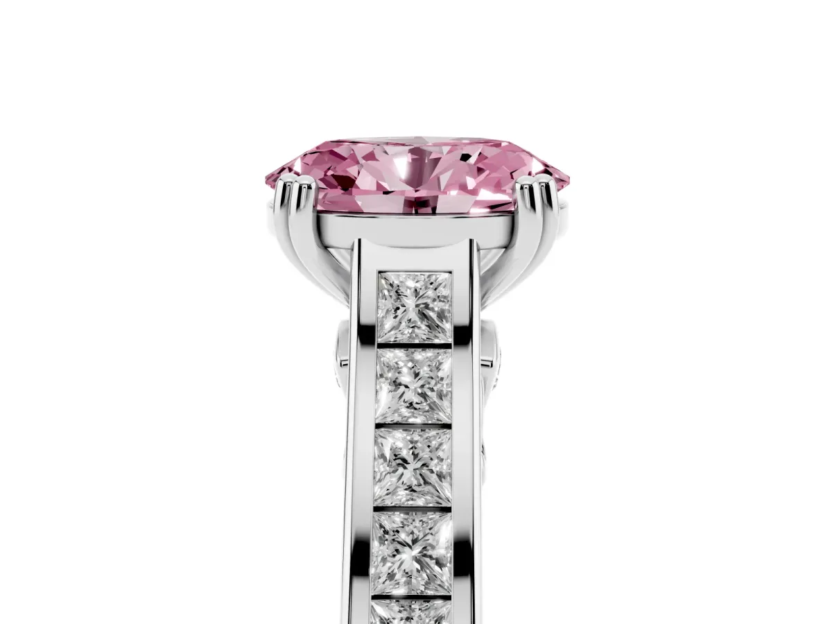 Fancy Pink Oval Cut Cut Channel Set Solitaire Engagement Ring with Prong Setting Silver