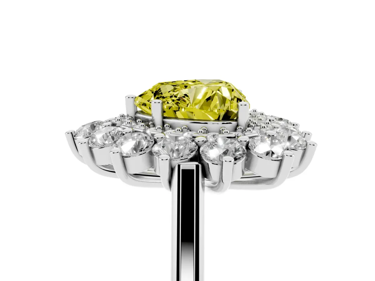 Fancy Yellow Heart Cut Diamond Floral Double Halo Engagement Ring with Prong Setting Silver