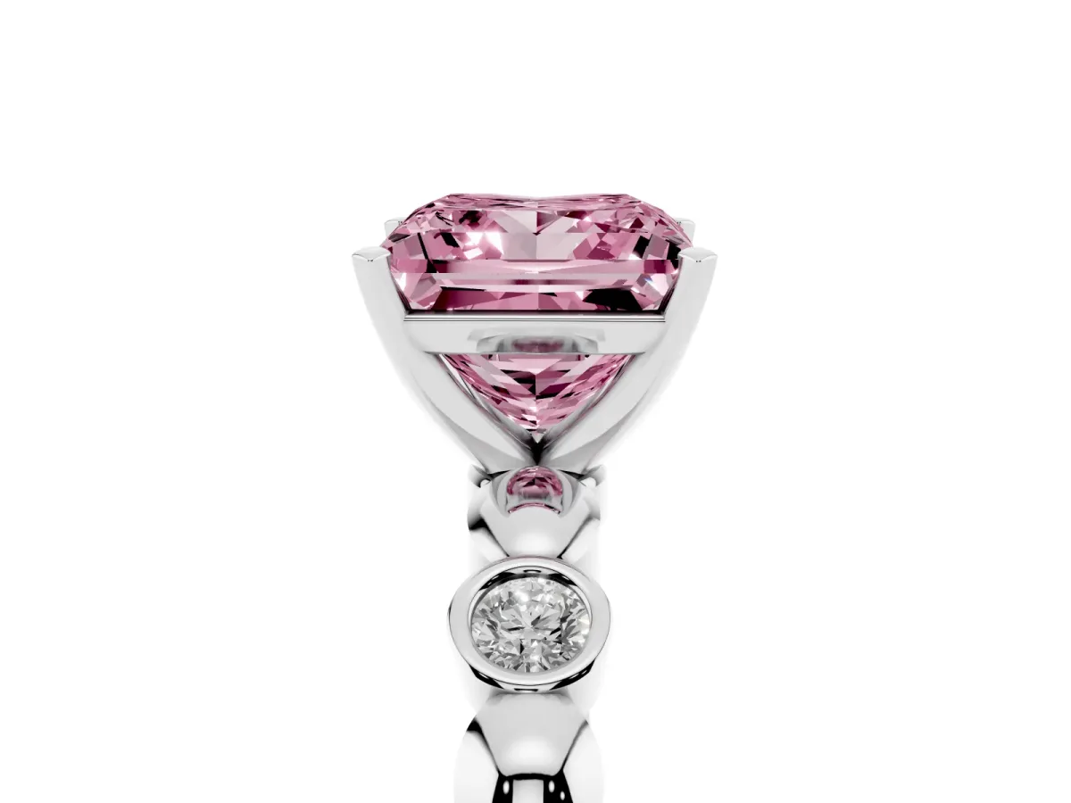 Fancy Pink Princess Cut Solitaire Bezel-Set Diamond Ring with Beaded Band and Four-Prong Setting White gold