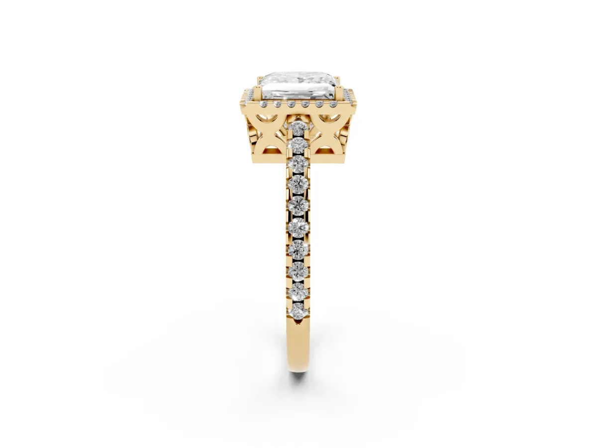 Princess Cut Diamond Halo Engagement Ring with Pavé Band and Prong Setting Yellow gold