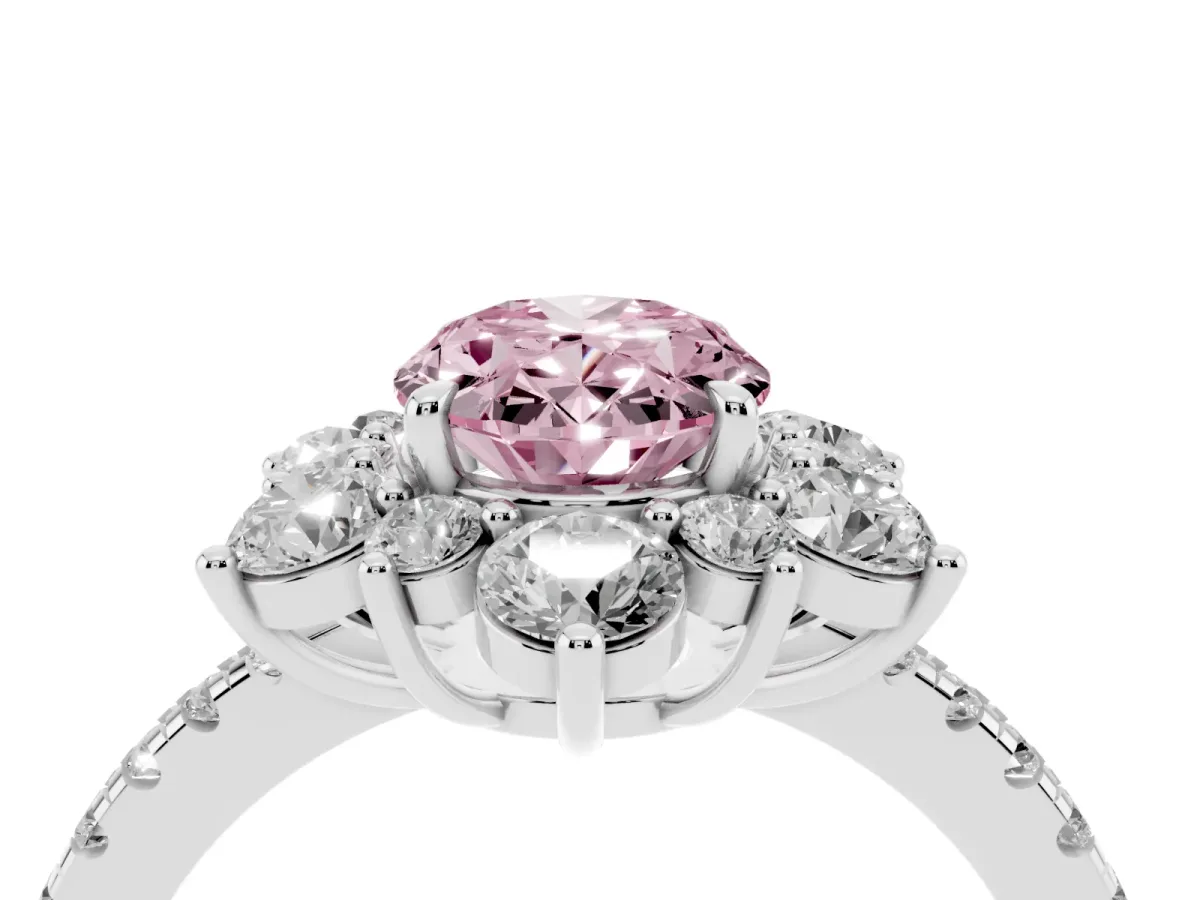 Fancy Pink Oval Cut Diamond Floral Halo Ring with Round Pavé Band and Prong Setting Silver
