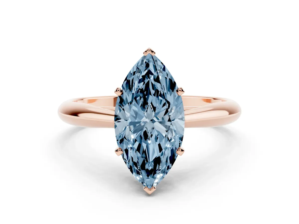 Fancy Blue Marquise Cut Diamond Solitaire Engagement Ring with Cathedral Setting and Four-Prong Mount Rose gold