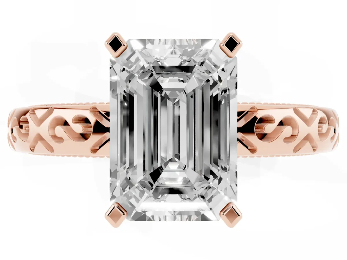 Emerald Cut Solitaire Engagement Ring with Scrollwork Band and Four-Prong Setting Rose gold