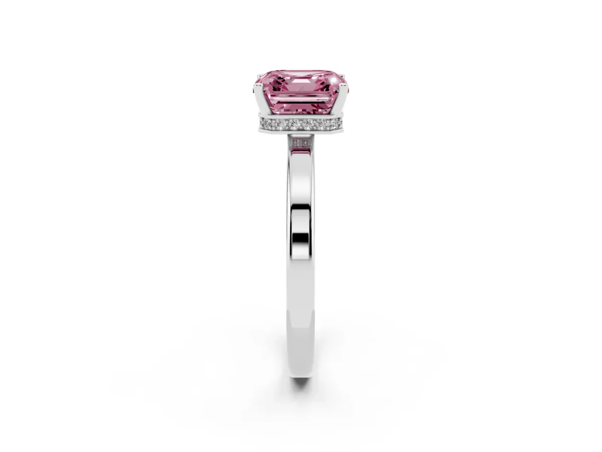 Fancy Pink Asscher Cut Cut Solitaire Engagement Ring with Four-Prong Setting on a Classic Band Silver