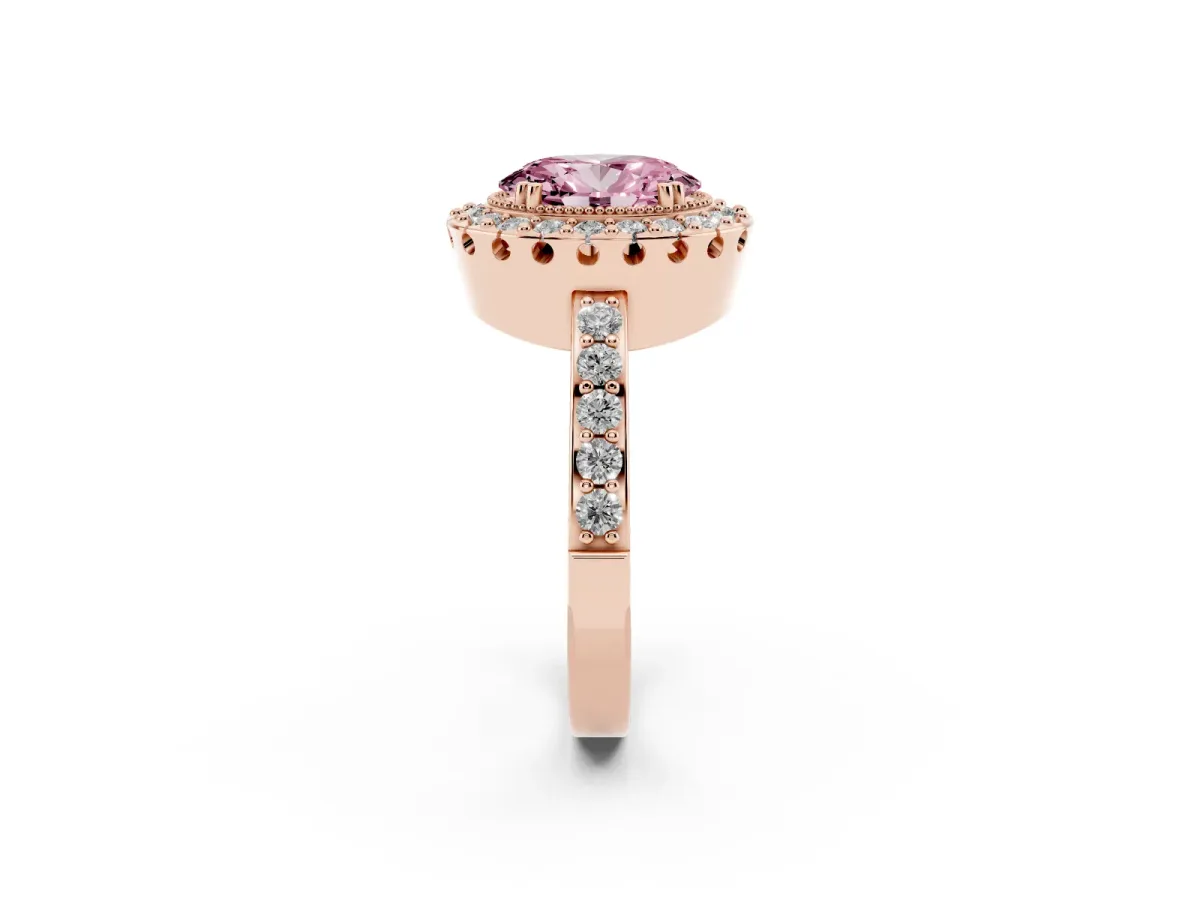 Fancy Pink Oval Cut Diamond Halo Ring with Pavé Band and Prong Setting Rose gold