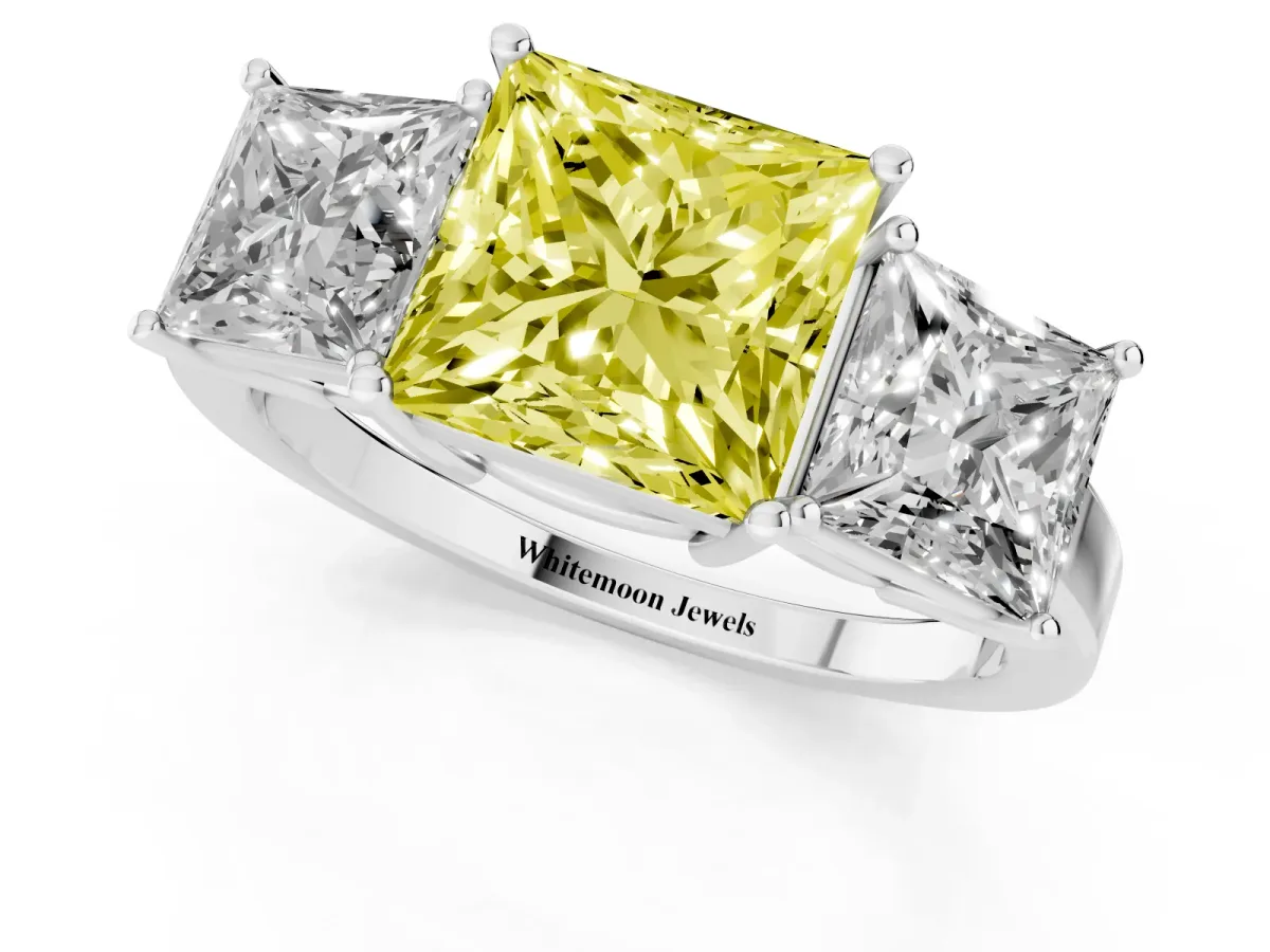 Fancy Yellow Three-Stone Princess Cut Cut Diamond Engagement Ring with Flat Band and Four-Prong Setting Silver