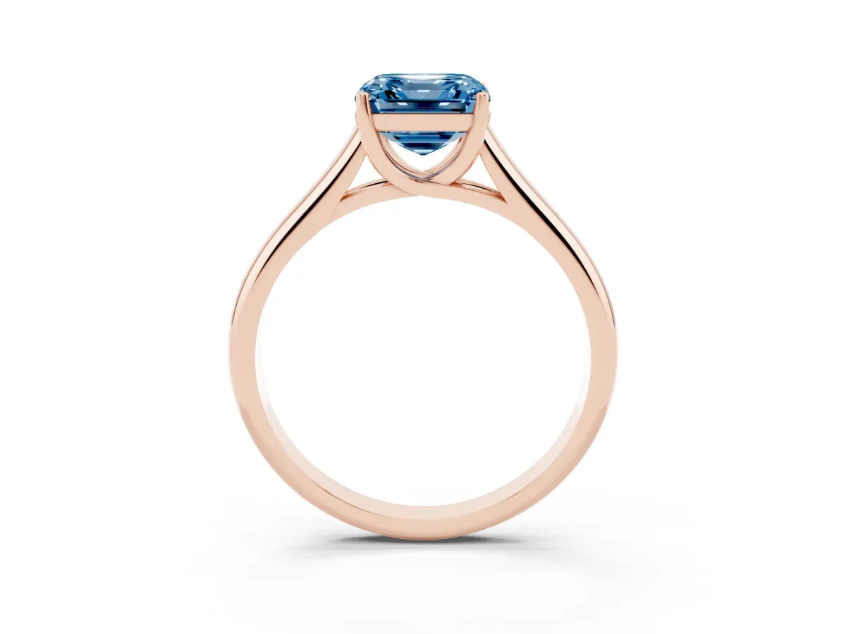 Fancy Blue Asscher Cut Solitaire Engagement Ring with Tapered Band and Four-Prong Setting Rose gold