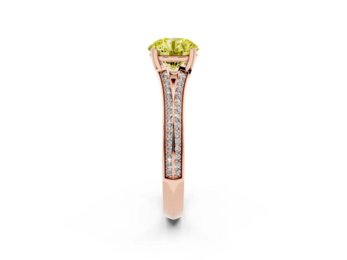Fancy Yellow Round Cut Diamond Split Shank Engagement Ring with Pavé Band Rose gold