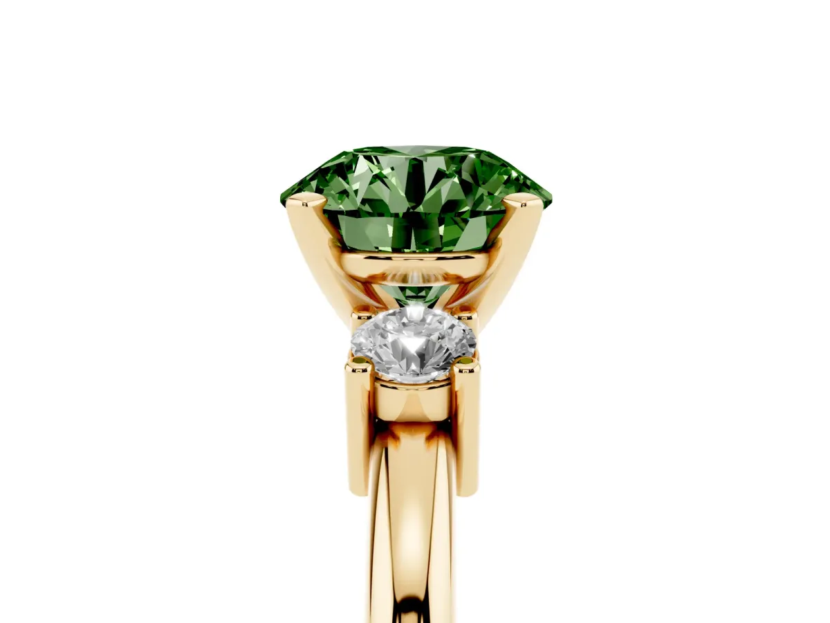 Fancy Green Three-Stone Round Cut Cut Diamond Solitaire with Prong Setting and Classic Band Yellow gold