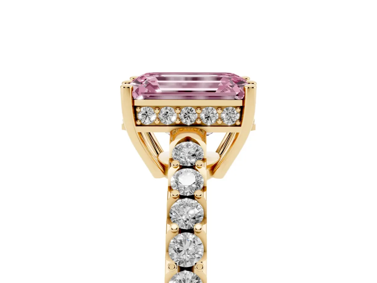Fancy Pink Emerald Cut Solitaire Diamond Engagement Ring with Pavé Band and Six-Prong Setting Yellow gold