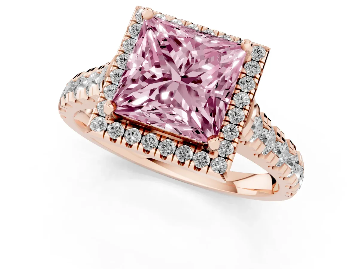 Fancy Pink Princess Cut Halo Pavé Diamond Engagement Ring with Four-Prong Setting Rose gold