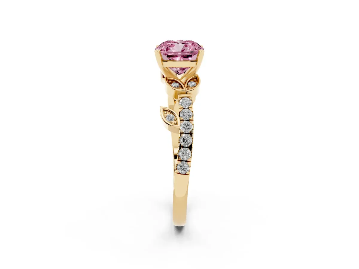 Fancy Pink Cushion Cut Solitaire Leaf-Inspired Diamond Ring with Pavé Band and Four-Prong Setting Yellow gold