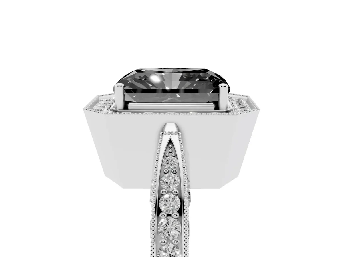 Fancy Black Radiant Cut Halo Diamond Engagement Ring with Split Shank Band and Four-Prong Setting Silver