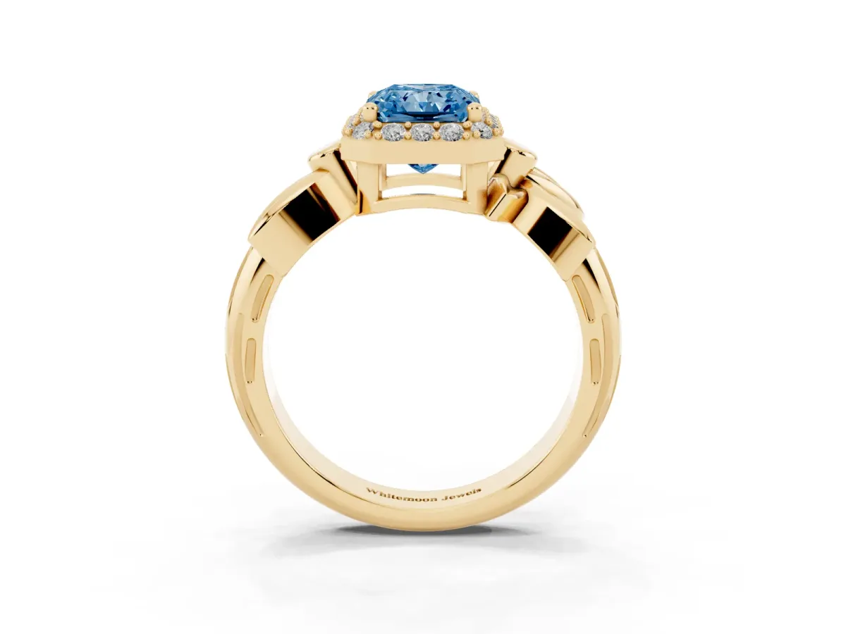 Fancy Blue Radiant Cut Halo Diamond Floral Band with Four-Prong Setting Yellow gold