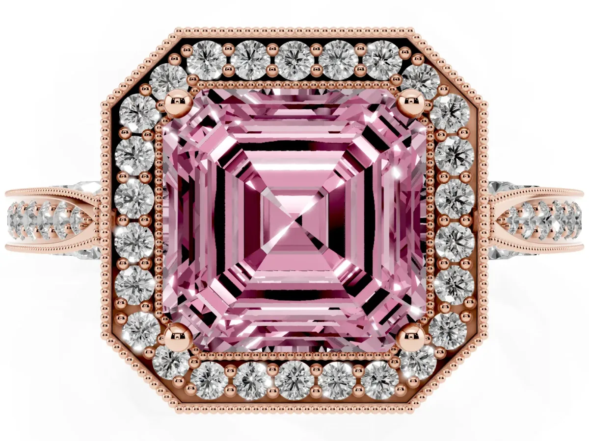 Fancy Pink Asscher Cut Halo Diamond Engagement Ring with Split Shank Band and Four-Prong Setting Rose gold