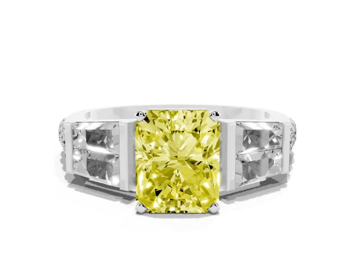 Fancy Yellow Radiant Cut Diamond Engagement Ring with Baguette Side Stones and Channel Set Band White gold