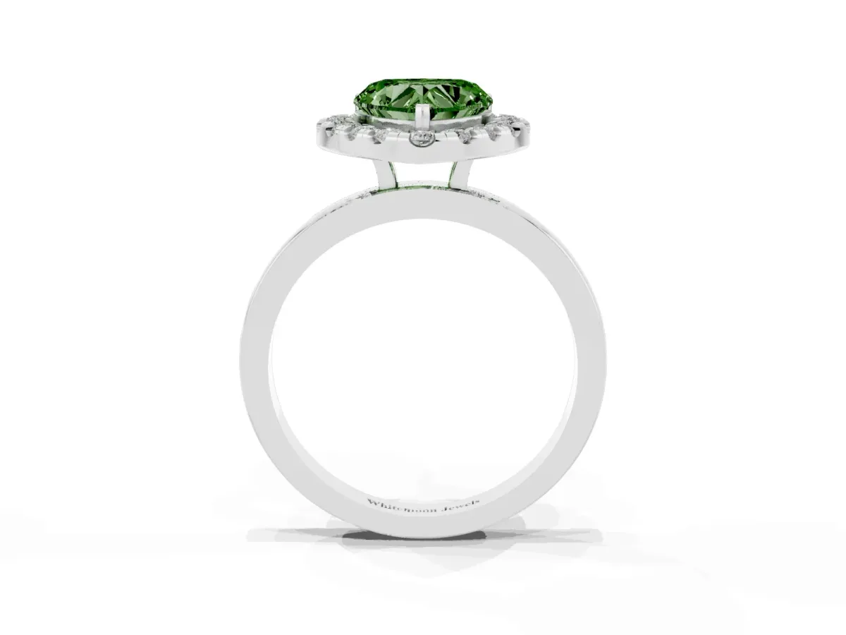 Fancy Green Heart Cut Halo Diamond Solitaire with Pavé Band and Four-Prong Setting Silver