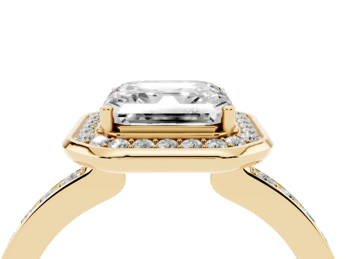 Asscher Cut Diamond Halo Ring with Bezel Frame and Pavé Band Yellow gold