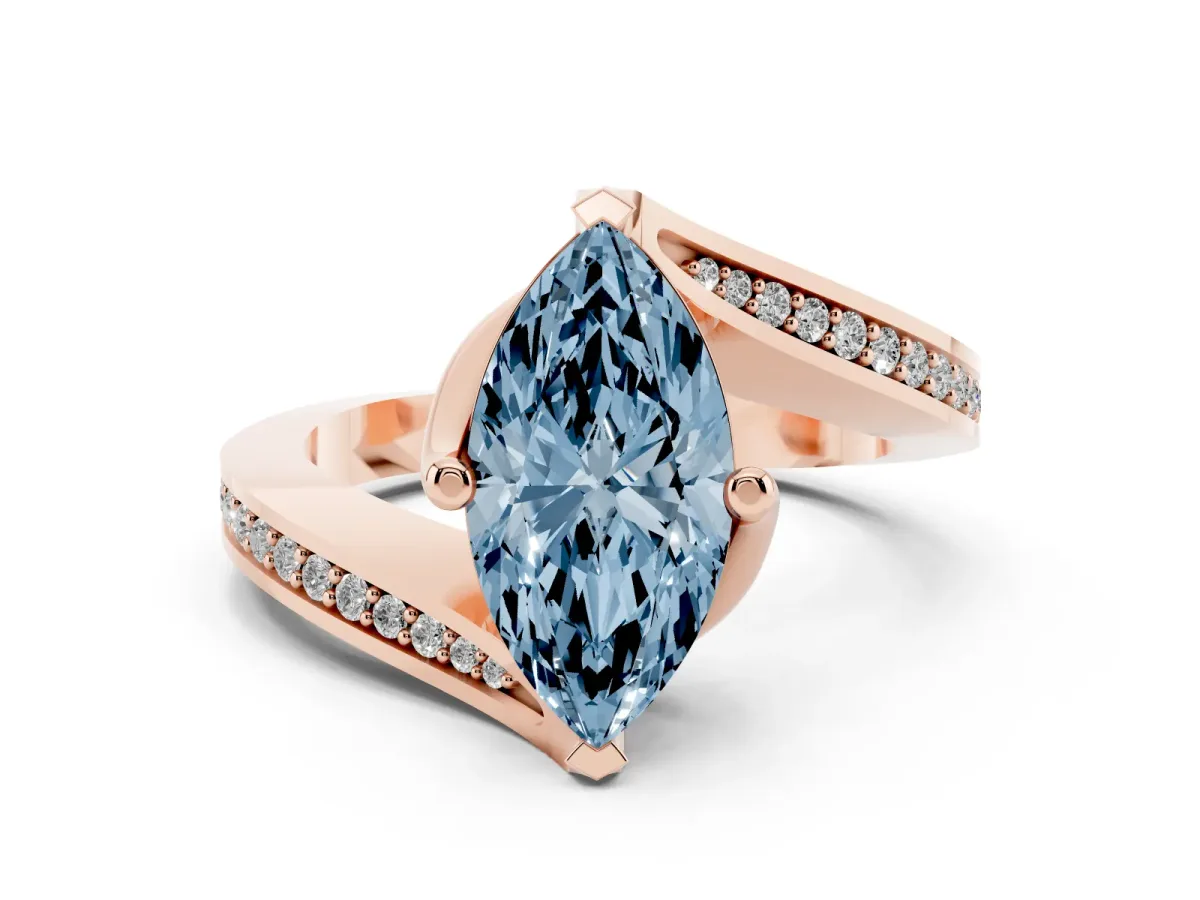 Fancy Blue Marquise Cut Solitaire Diamond Twist Band with Pavé Setting and Four-Prong Setting Rose gold