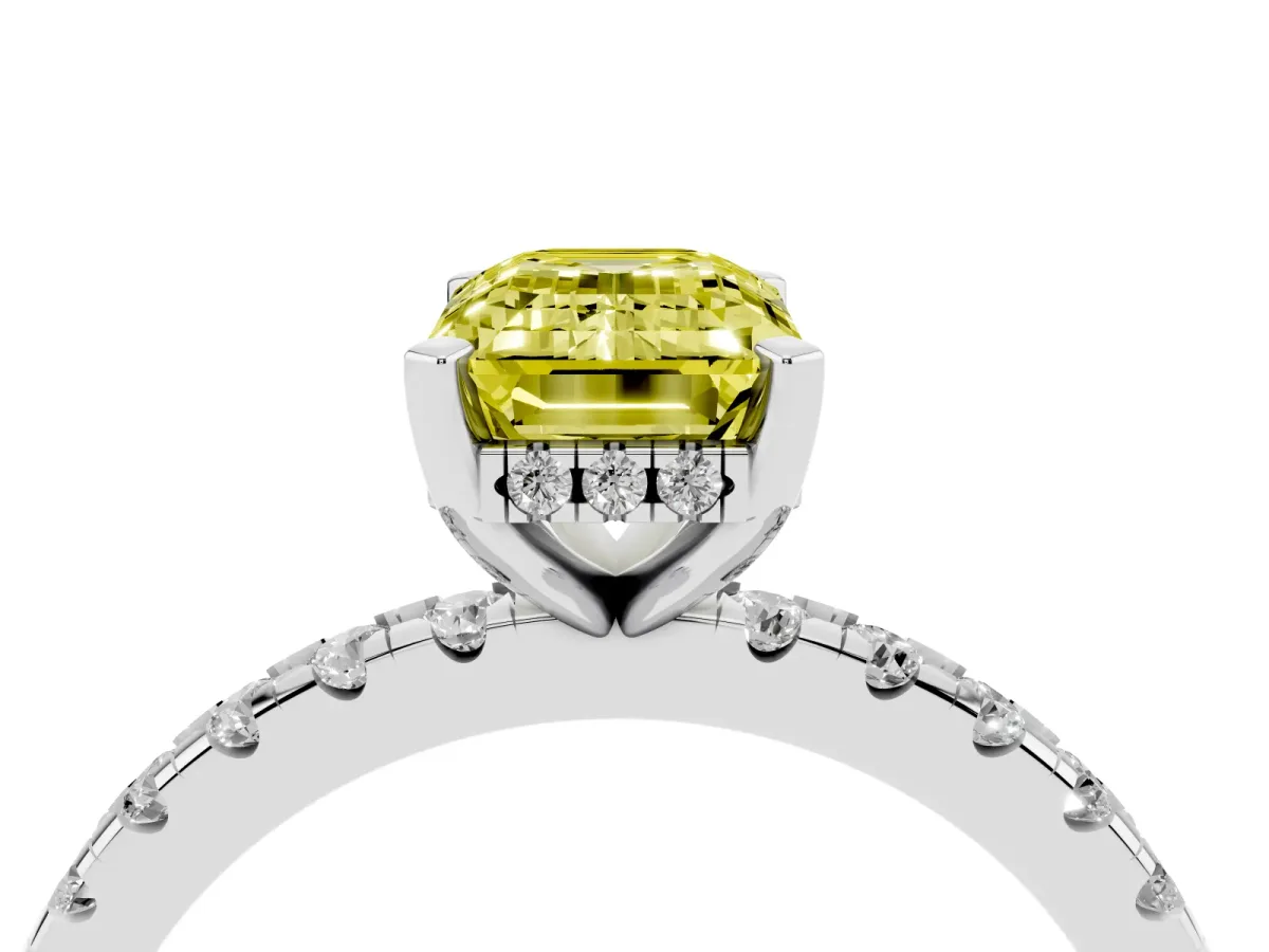 Fancy Yellow Emerald Cut Diamond Solitaire Ring with Round Pavé Band and Four-Prong Setting Silver