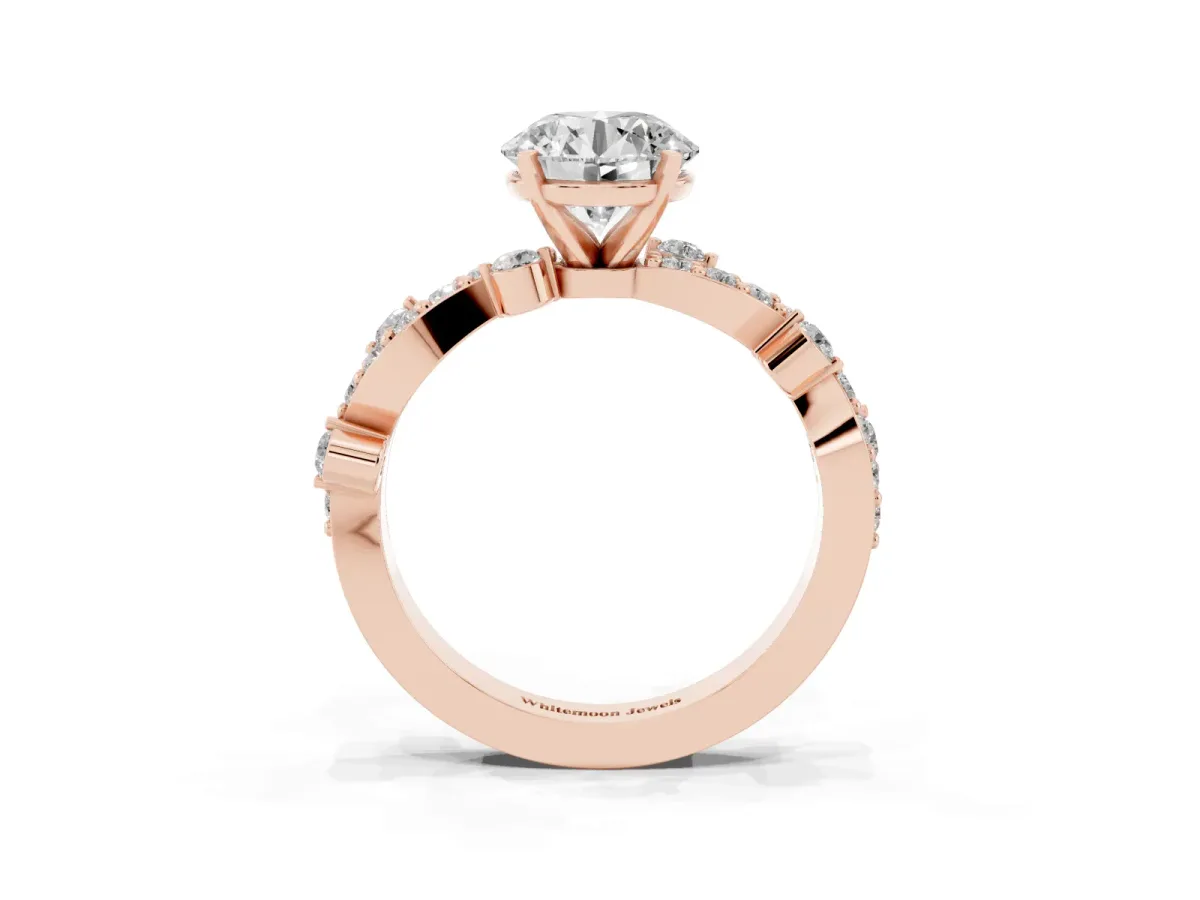 Round Cut Cut Solitaire Diamond Twisted Band with Pave Setting Rose gold