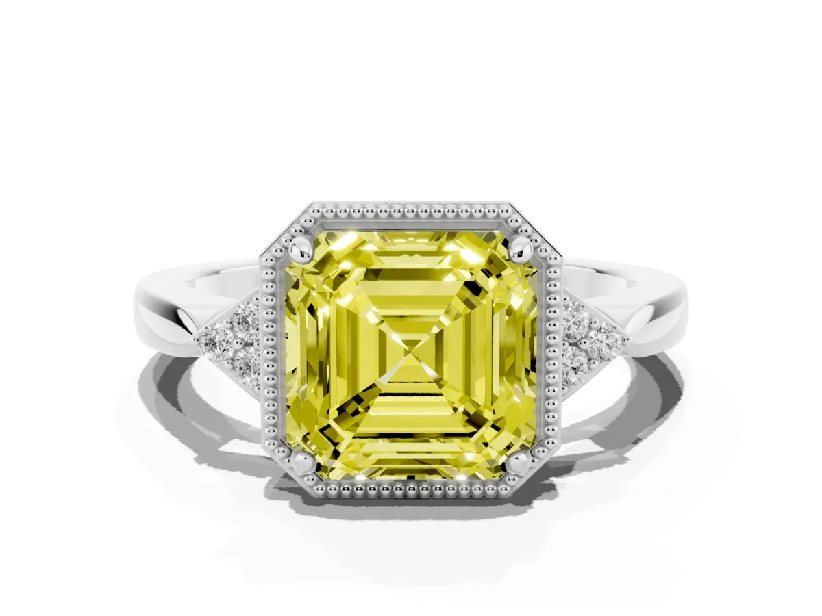 Fancy Yellow Asscher Cut Diamond Halo Ring with Tapered Band and Four-Prong Setting Platinum