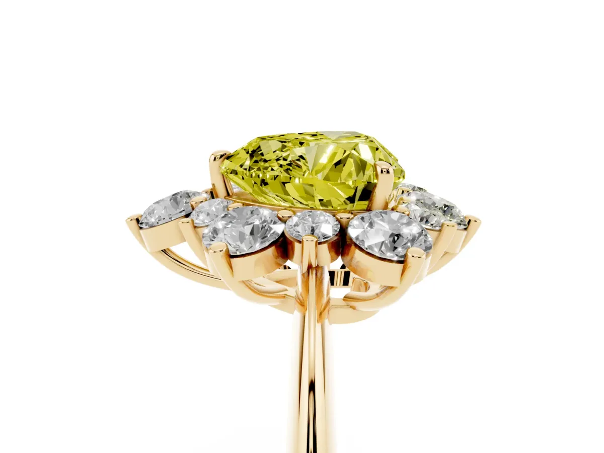Fancy Yellow Heart Cut Diamond Cluster Halo Ring with Solitaire Band and Four-Prong Setting Yellow gold