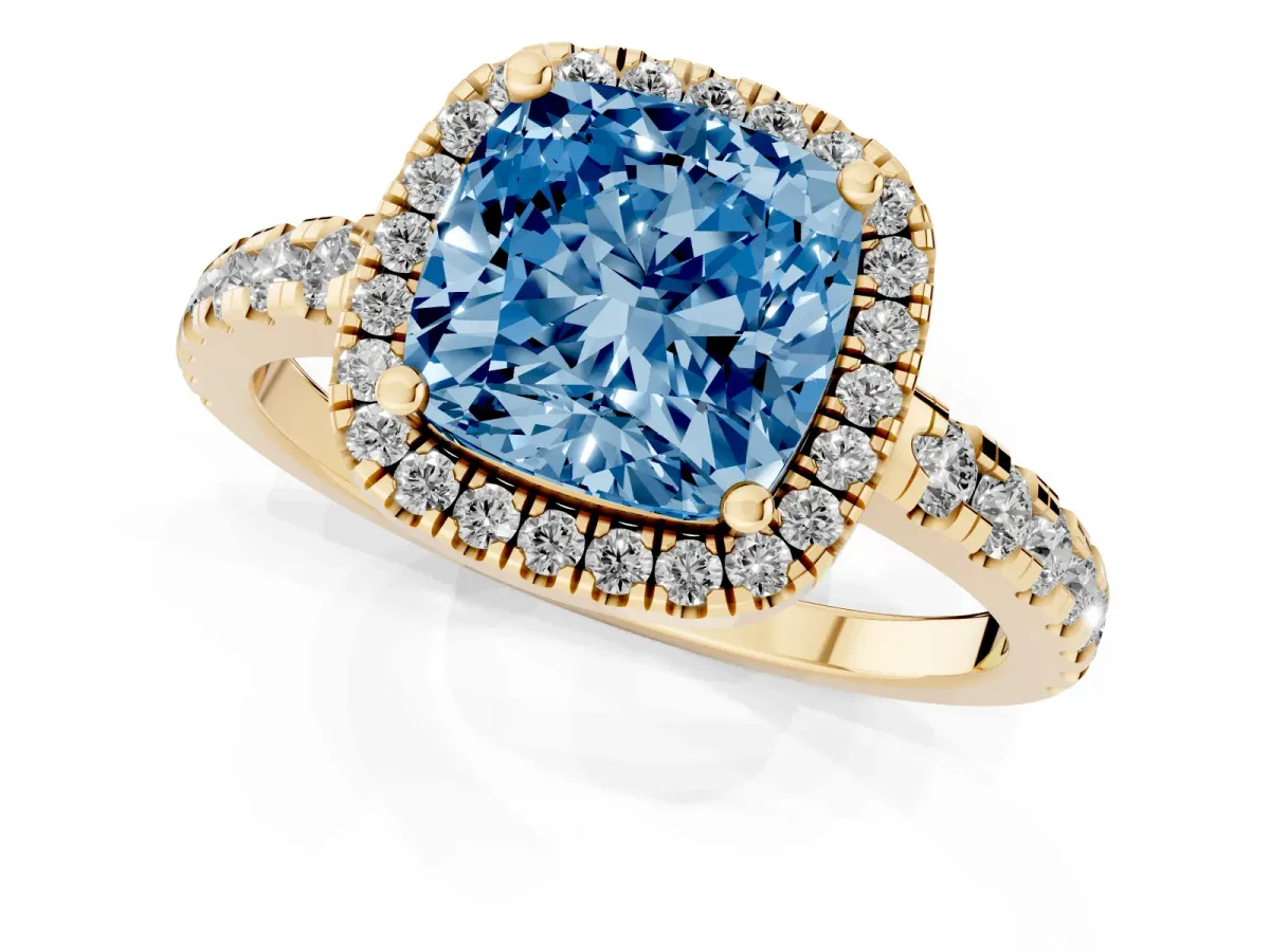 Fancy Blue Cushion Cut Diamond Halo Ring with Pavé Band and Four-Prong Setting Yellow gold