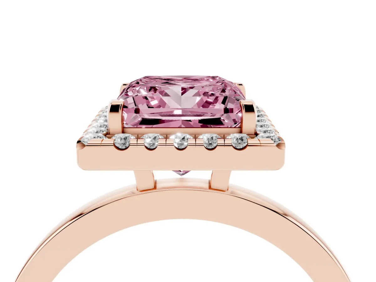 Fancy Pink Princess Cut Halo Diamond Solitaire with Pavé Band and Four-Prong Setting Rose gold
