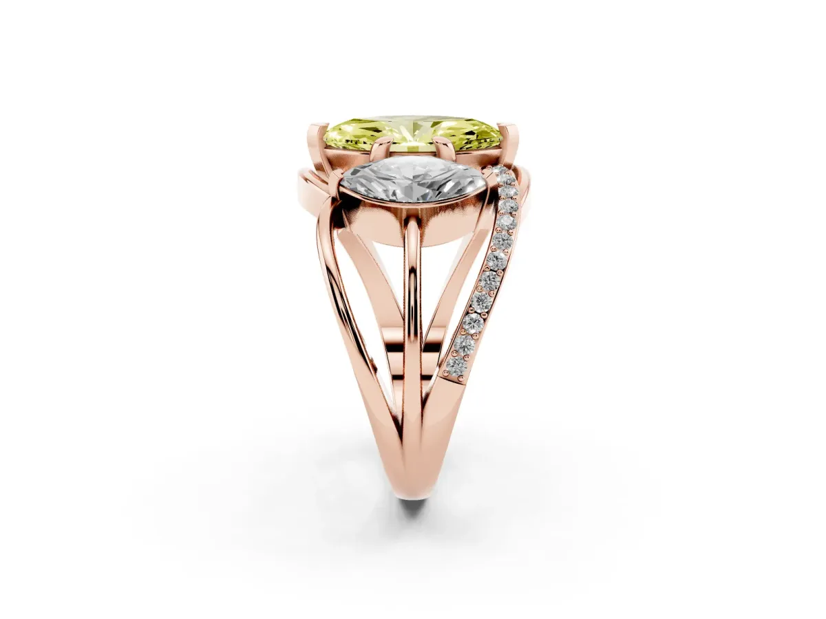 Fancy Yellow Three-Stone Marquise Cut Cut Diamond Split Shank Prong Set Ring Rose gold