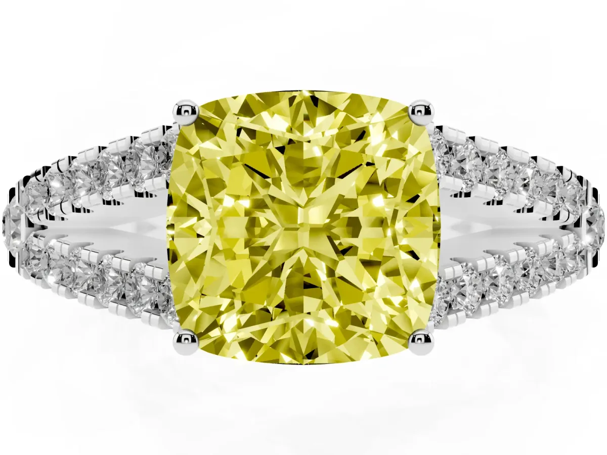 Fancy Yellow Cushion Cut Diamond Split Shank Pavé Engagement Ring with Four-Prong Setting Platinum