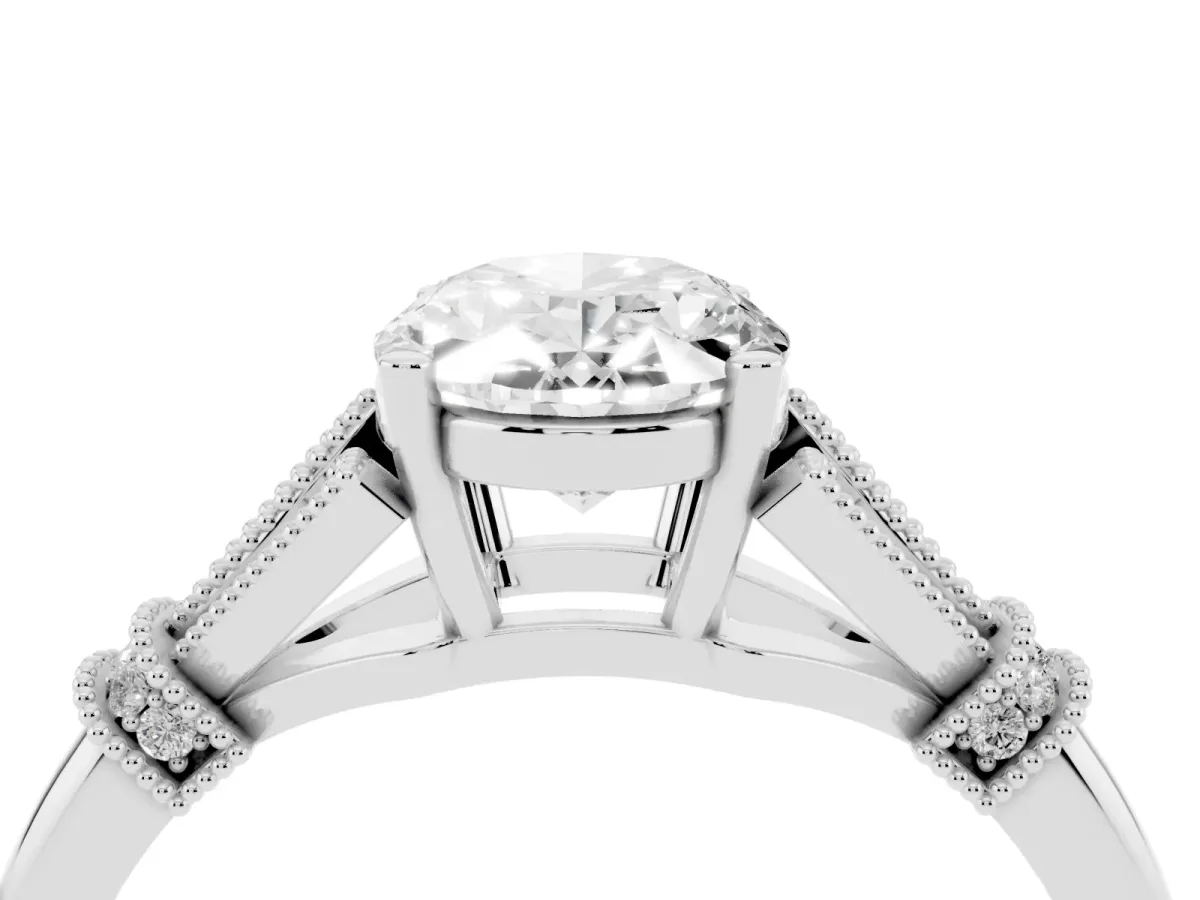 Oval Cut Diamond Solitaire Ring with Floral Filigree and Pave Accents Silver