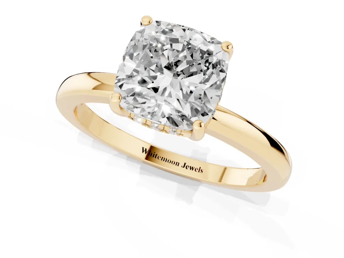 Cushion Cut Solitaire Diamond Ring with Prong Setting and Plain Band Yellow gold