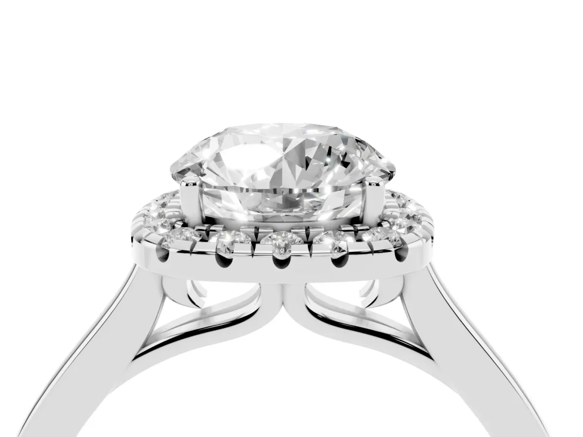 Round Cut Halo Round Diamond Solitaire Ring with Pavé Band and Four-Prong Setting Silver