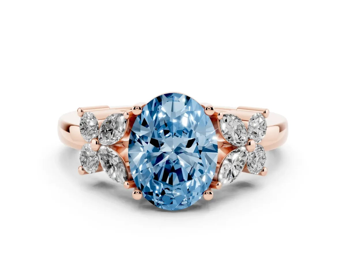 Fancy Blue Oval Cut Diamond Floral Cluster Ring with Solitaire Band and Prong Setting Rose gold