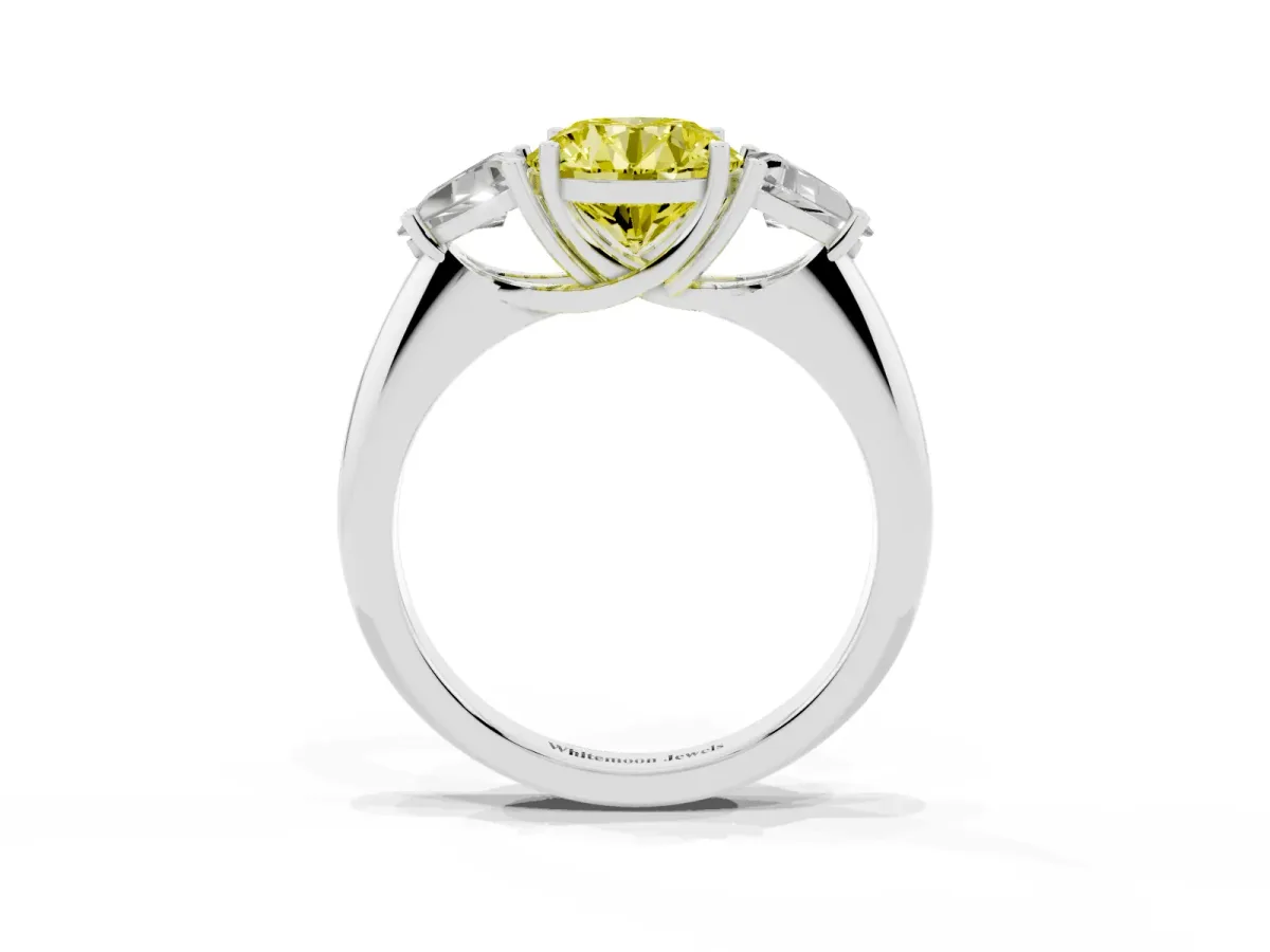 Fancy Yellow Three-Stone Round Cut Diamond Engagement Ring with Trillion Side Stones and Prong Setting Silver