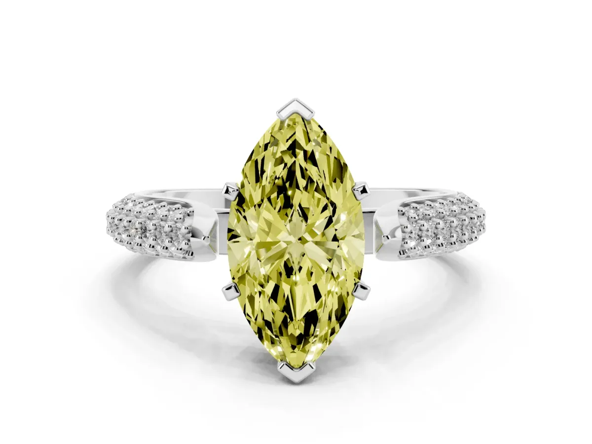 Fancy Yellow Marquise Cut Diamond Solitaire Engagement Ring with Multi-Row Round Pavé Band and Prong Setting Silver