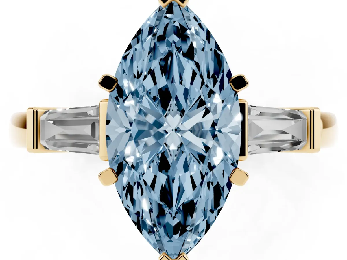 Fancy Blue Marquise Cut Cut Diamond Solitaire Ring with Tapered Baguette Accents and Four-Prong Setting Yellow gold