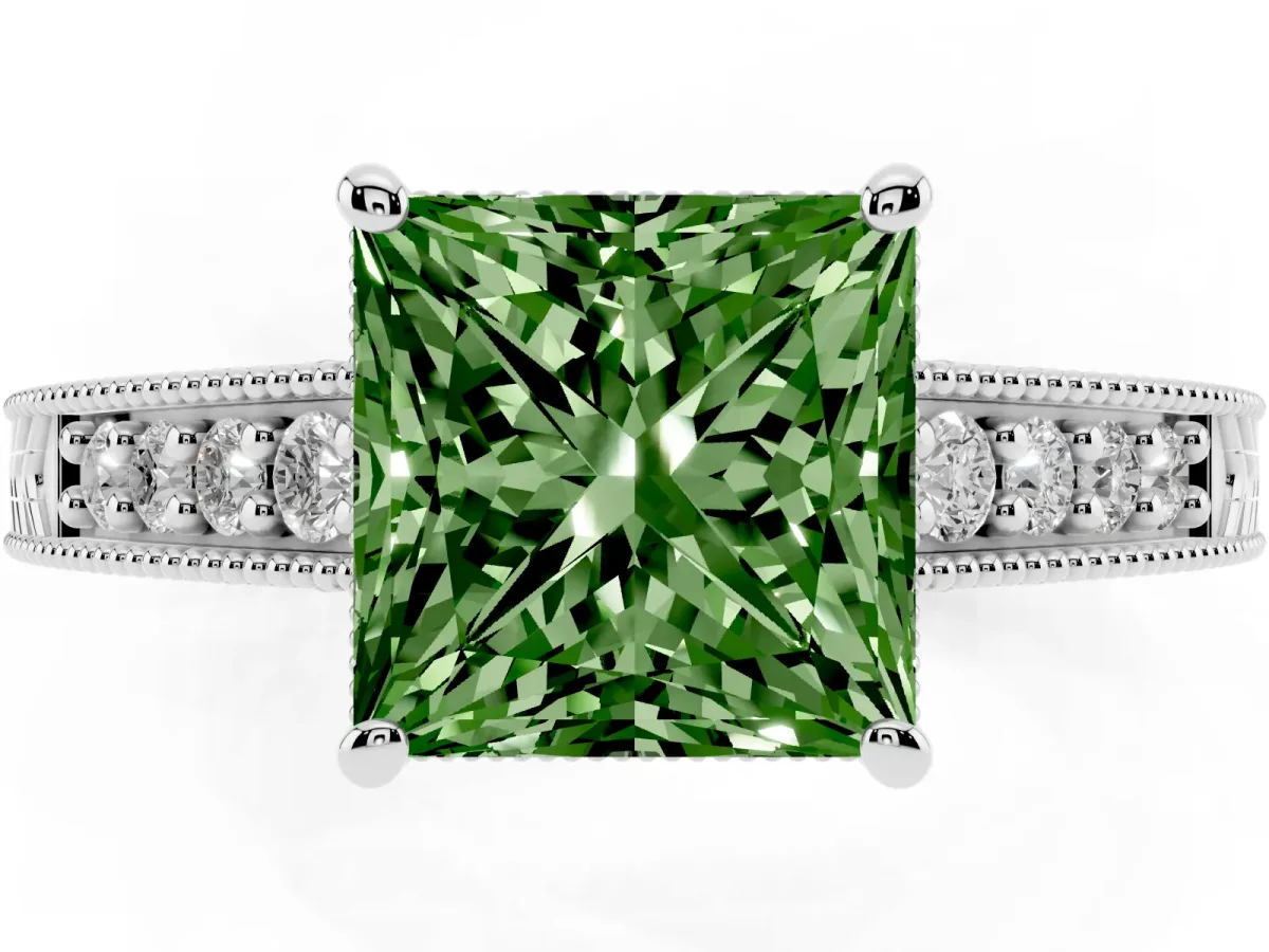 Fancy Green Princess Cut Solitaire Pavé Diamond Milgrain Engagement Ring with Four-Prong Setting Silver