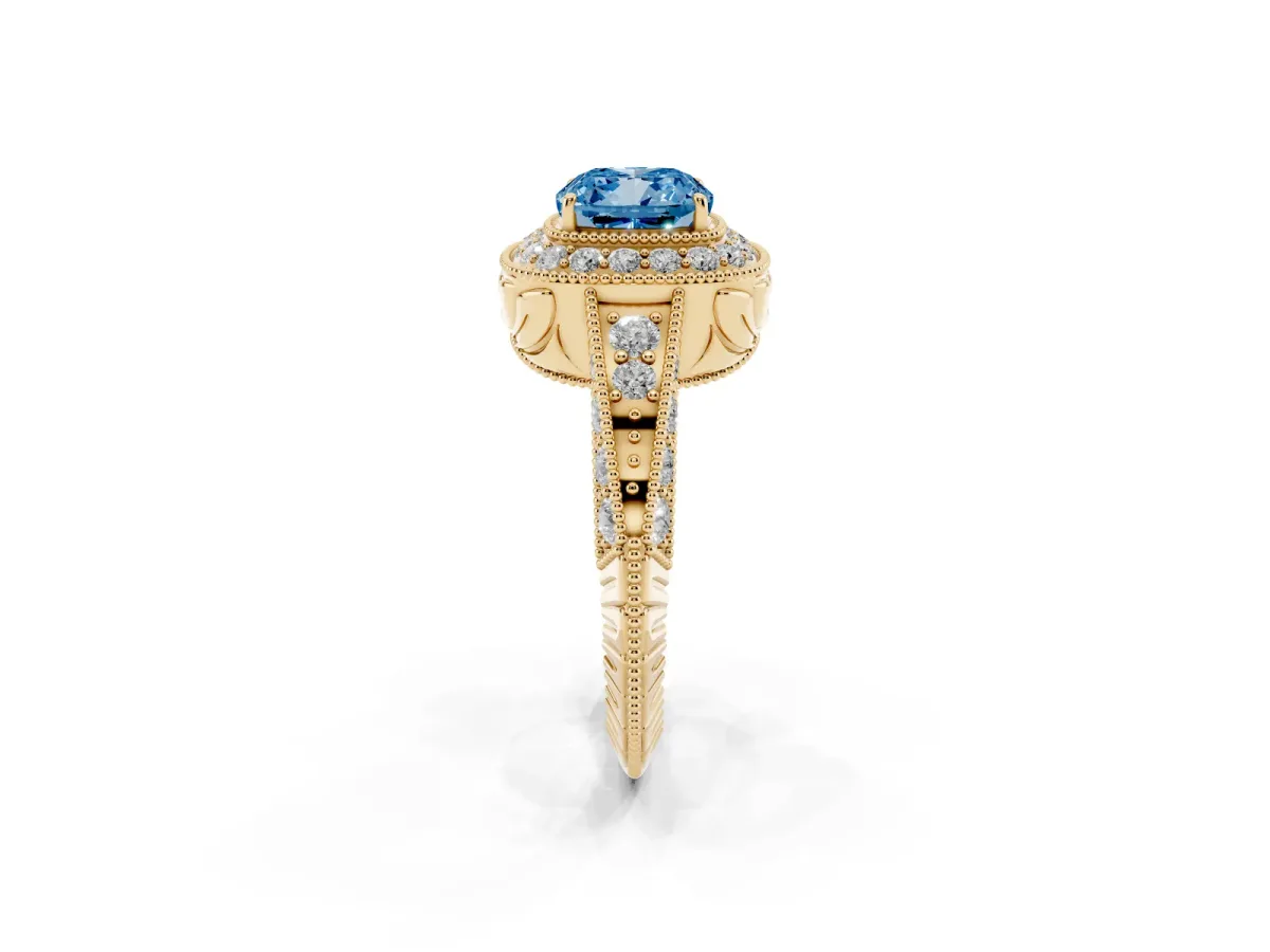 Fancy Blue Cushion Cut Halo Diamond Split Shank Ring with Milgrain Detail Yellow gold