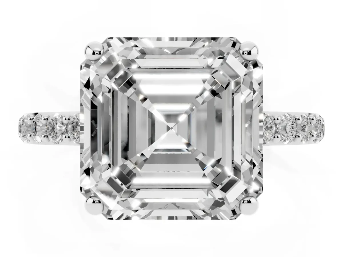 Asscher Cut Diamond Solitaire Ring with Round Pavé Band and Prong Setting Platinum