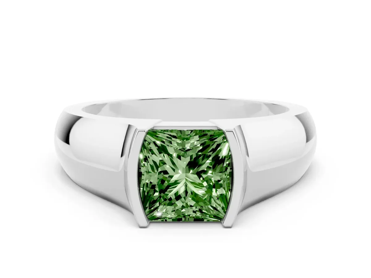 Fancy Green Princess Cut Solitaire Bezel Set Diamond Ring with Wide Band Silver